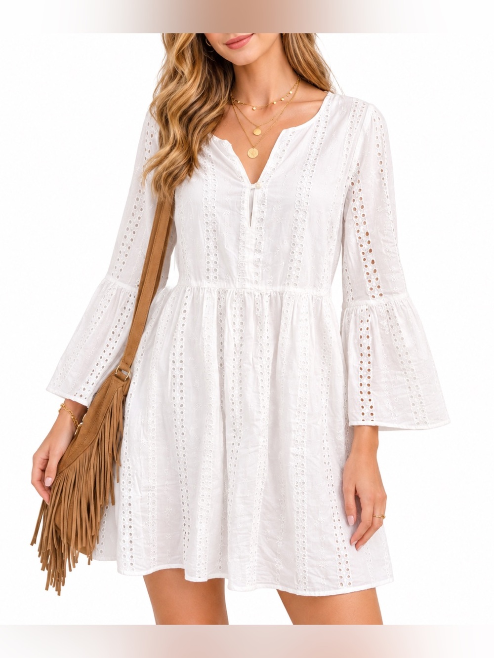 Mudpie Size Medium White Eyelet Women's Boutique Dress Flare Sleeve